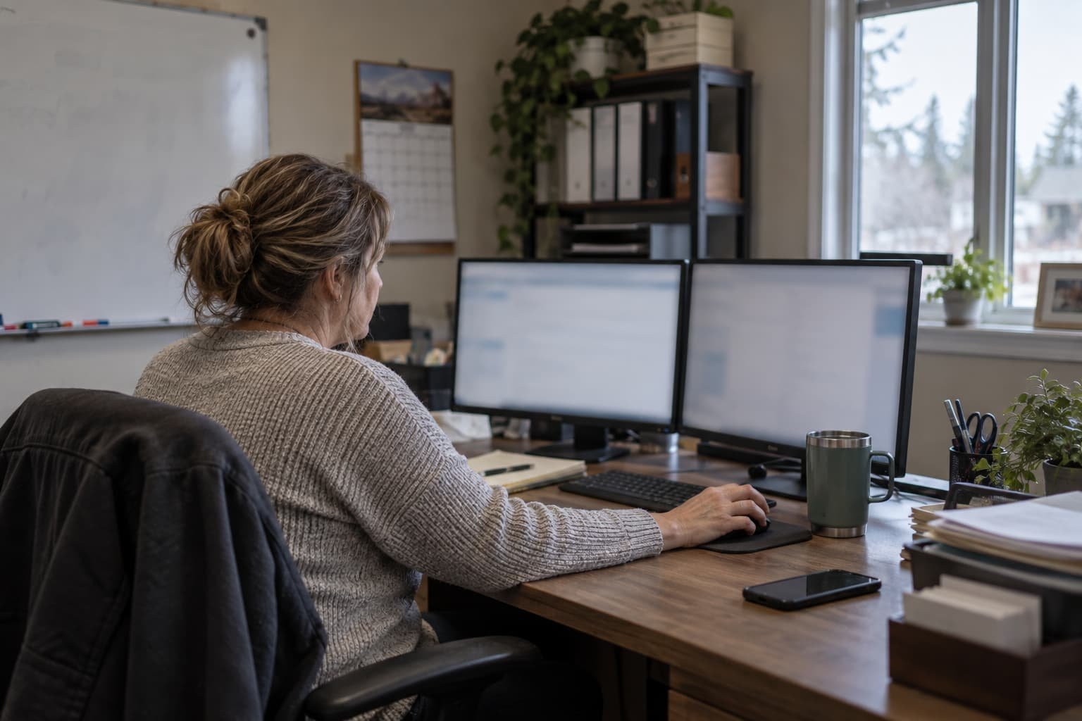 An office manager reviews estimates on two monitors in a home service company office.