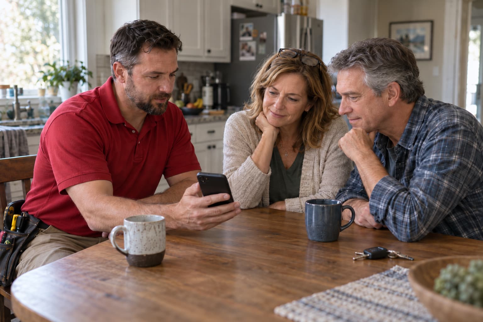 A handyman shows a homeowner couple the finished estimate on his phone at their kitchen table.